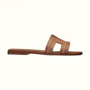 Hermes Women Oran Sandal Calfskin Stitched Detail Iconic "H"-Brown