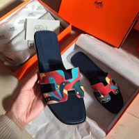 Hermes Women Oran Sandal Cotton Canvas “Faubourg Rainbow” Print-Navy