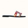 Hermes Women Oran Sandal Cotton Canvas "Faubourg Rainbow" Print-Navy