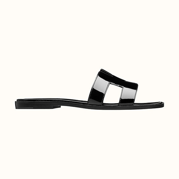 Hermes Women Oran Sandal Patent Calfskin Iconic “H”-Black