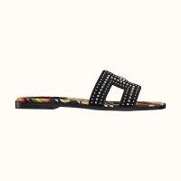 Hermes Women Oran Sandal in Suede Goatskin with Palladium Plated Studs and Iconic “H” Cut-Out-Black 1