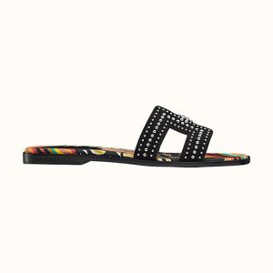 Hermes Women Oran Sandal in Suede Goatskin with Palladium Plated Studs and Iconic "H" Cut-Out-Black