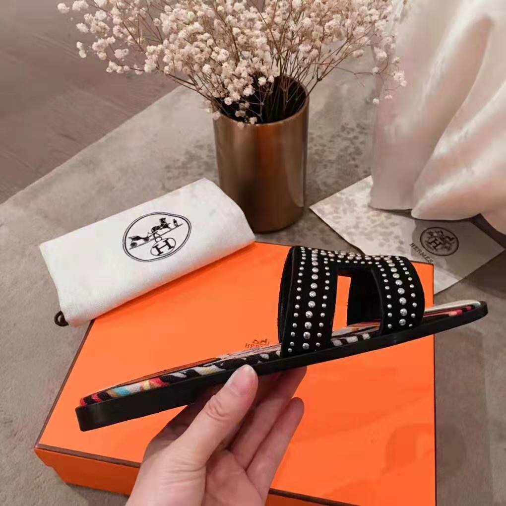 Hermes Quality Dupe Women Oran Sandal Suede Goatskin Palladium Plated Studs Iconic "H" - Image 7