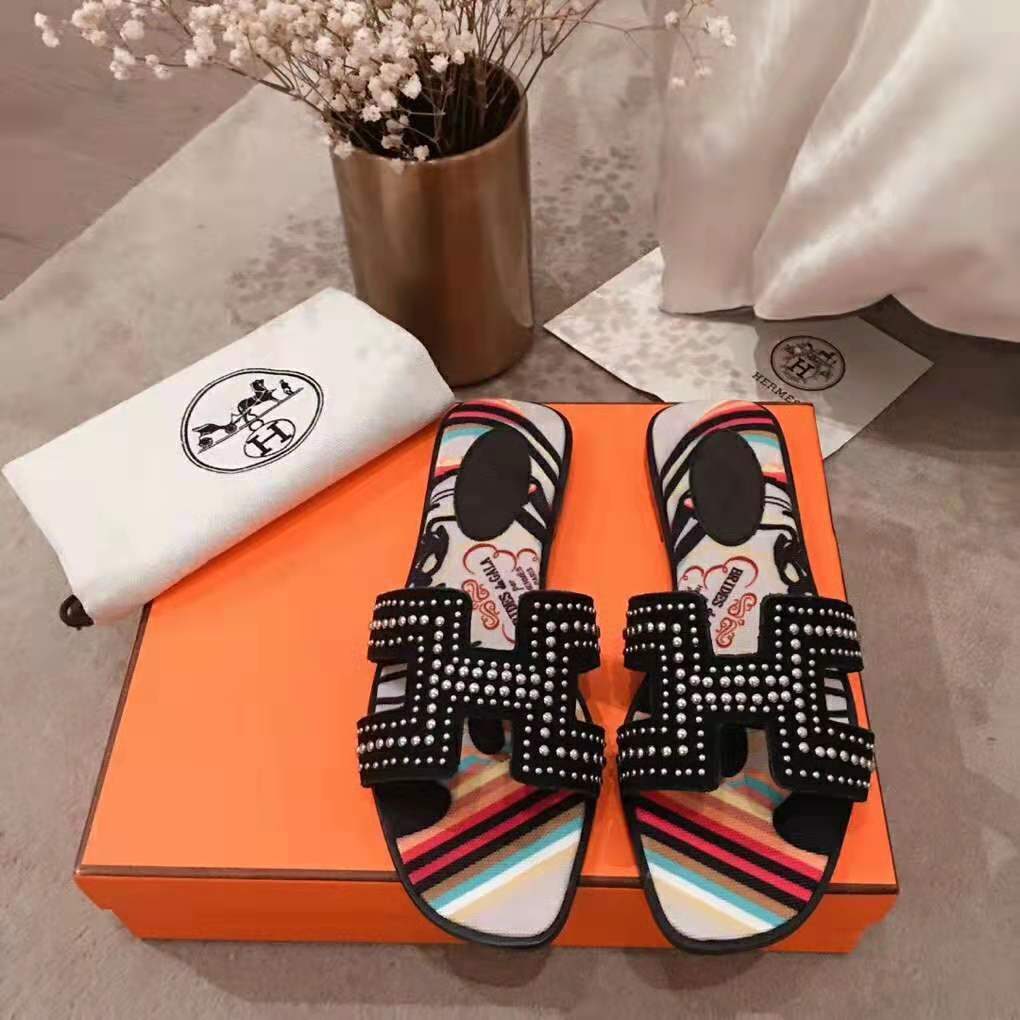 Hermes Quality Dupe Women Oran Sandal Suede Goatskin Palladium Plated Studs Iconic "H" - Image 3