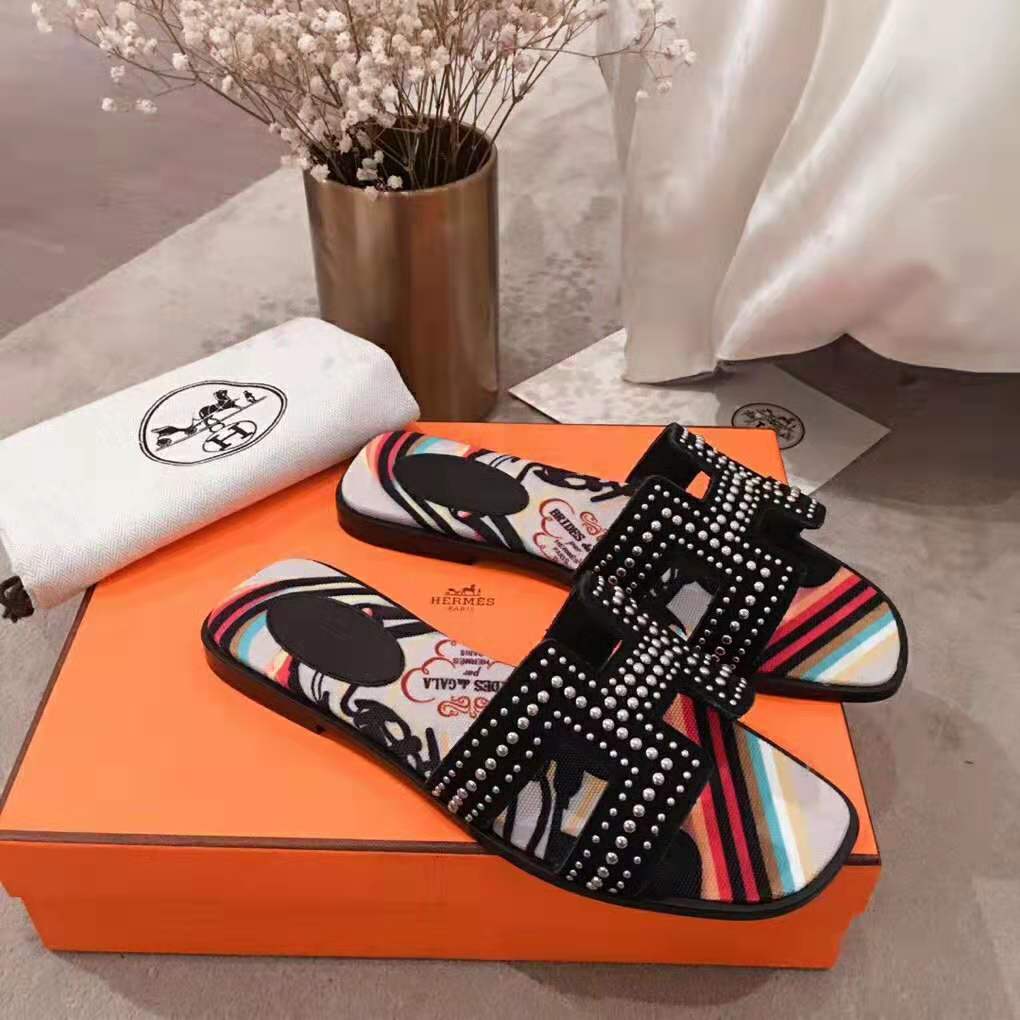 Hermes Quality Dupe Women Oran Sandal Suede Goatskin Palladium Plated Studs Iconic "H" - Image 2