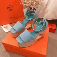 Hermes Women Tendresse Sandal Suede Goatskin Hollow Wooden Wedge 7.1cm-Aqua