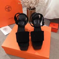 Hermes Women Tendresse Sandal Suede Goatskin Hollow Wooden Wedge 7.1cm-Black