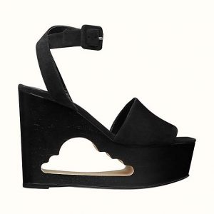 Hermes Women Tendresse Sandal Suede Goatskin Hollow Wooden Wedge 7.1cm-Black