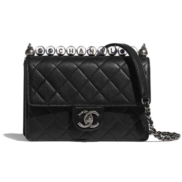 Chanel Women Flap Bag Goatskin Acrylic Beads & Ruthenium-Finish Metal