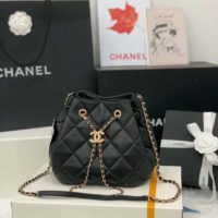 Chanel Women Drawstring Bag Aged Calfskin & Silver-Tone Metal-Black