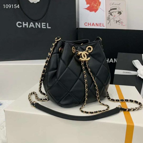 Chanel Women Small Drawstring Bag Lambskin & Gold-Tone Metal-Black (9)