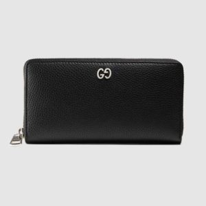 Gucci GG Unisex Leather Zip Around Wallet Black Metal GG