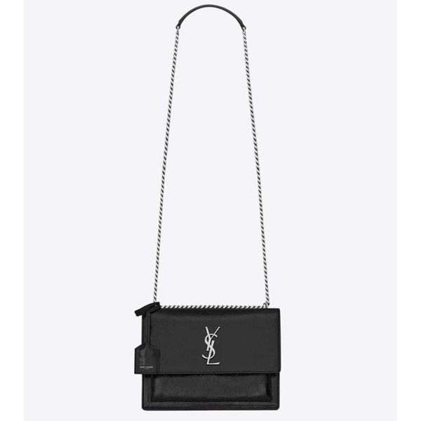 Saint Laurent YSL Medium Sunset Bag in Calfskin Leather-Black