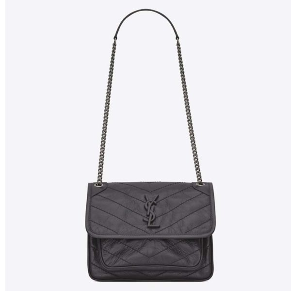 Saint Laurent YSL Women Niki Baby in Crinkled Vintage Leather Bag-Grey