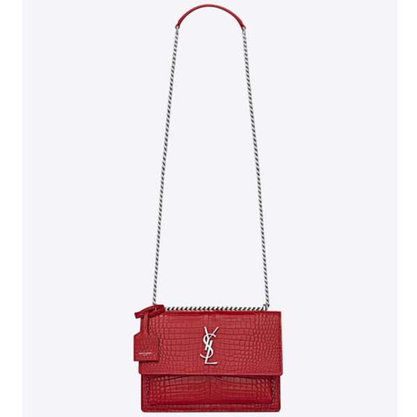 Saint Laurent YSL Women Sunset Medium Crocodile Embossed Shiny-Red