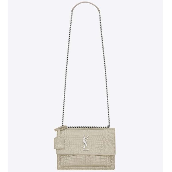 Saint Laurent YSL Women Sunset Medium Crocodile Embossed Shiny-White