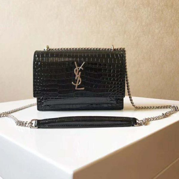 Saint Laurent YSL Women Sunset Small Supple Crocodile Embossed-Black (7)