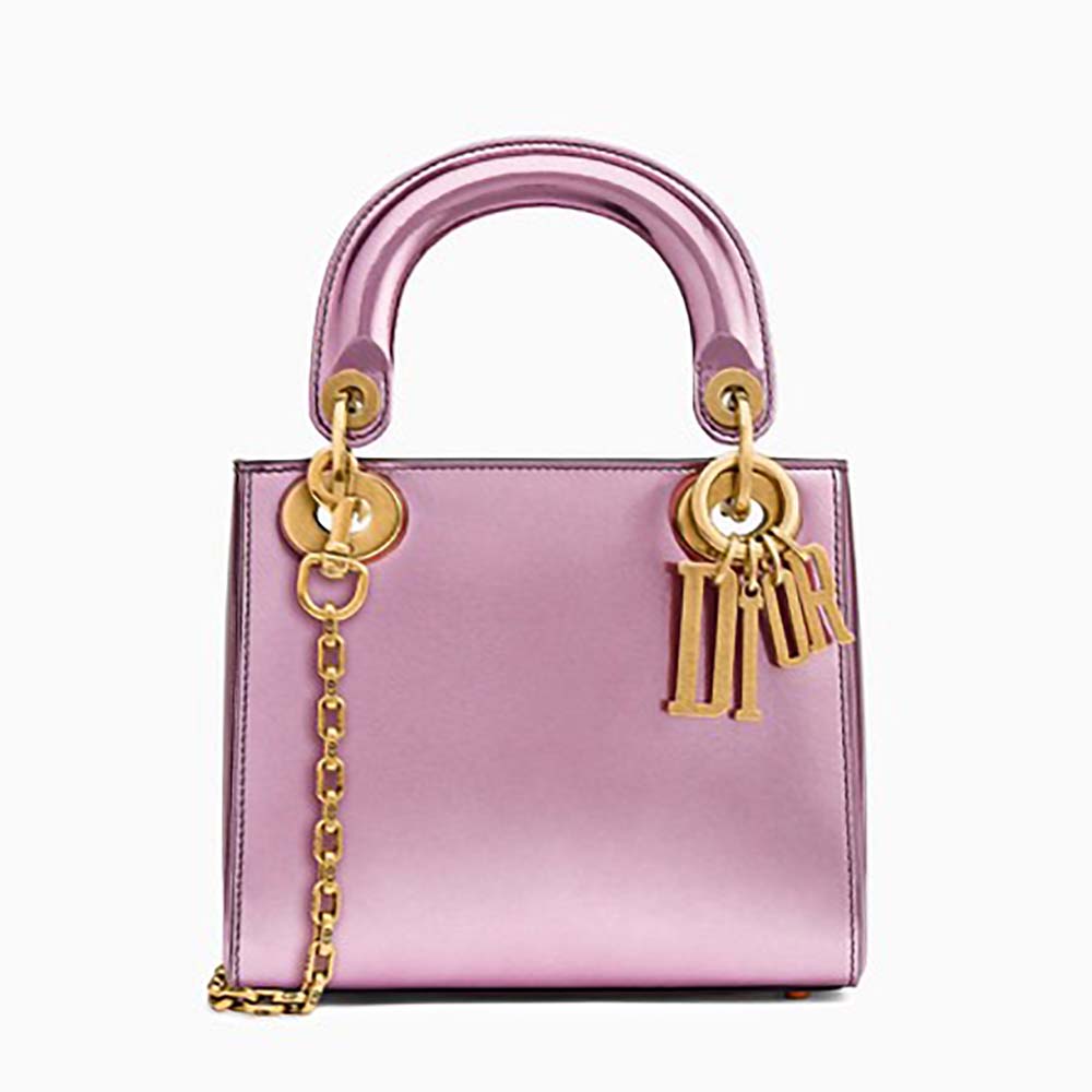 Dior Mini Lady Dior Bag with Chain in Pink Metallic Calfskin