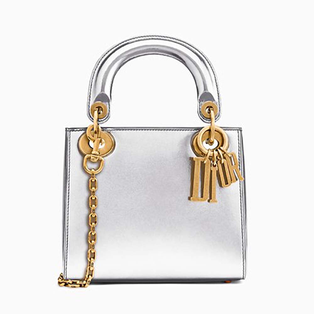 Dior Mini Lady Dior Bag With Chain in Silver-Tone Metallic Calfskin