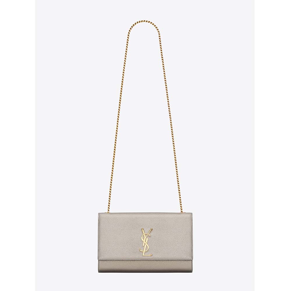 Saint Laurent YSL Women Kate Medium in Grained Metallic Leather-Silver