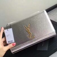 Saint Laurent YSL Women Kate Medium in Grained Metallic Leather-Silver 1