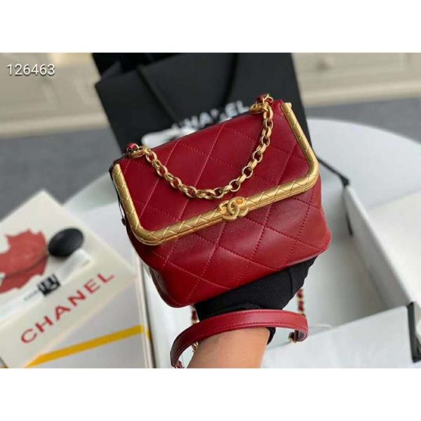 Chanel Women Kiss-Lock Bag Lambskin & Gold-Tone Metal-Red (4)