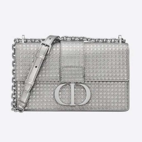 Dior Women 30 Montaigne Chain Bag Microcannage Calfskin Flap Closure-Silver