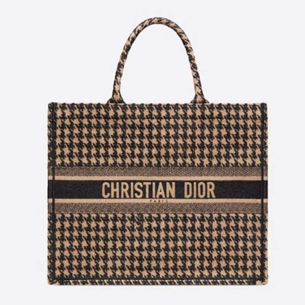 Dior Women Dior Book Tote Black and Beige Houndstooth Embroidery