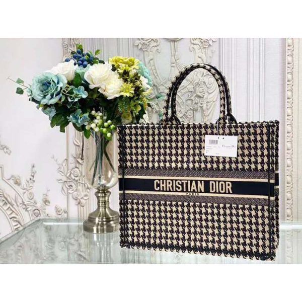 Dior Women Dior Book Tote Black and Beige Houndstooth Embroidery (13)