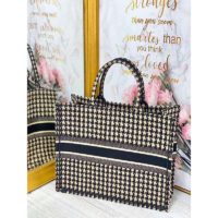 Dior Women Dior Book Tote Black and Beige Houndstooth Embroidery