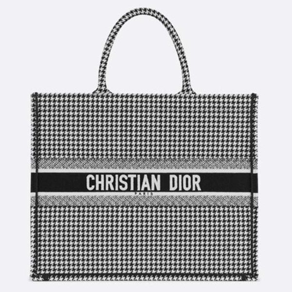 Dior Women Dior Book Tote Black and White Houndstooth Embroidery