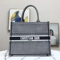 Dior Women Dior Book Tote Black and White Houndstooth Embroidery