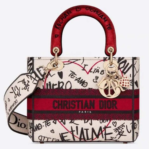 Dior Women Medium Lady D-Lite Dioramour Bag Latte Multicolor Graffiti Embroidery