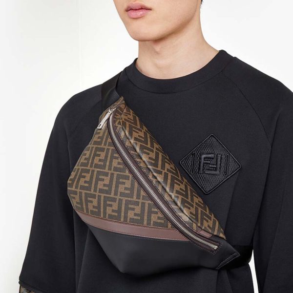 Fendi Men Belt Bag Brown Fabric FF Motif Black Leather (3)