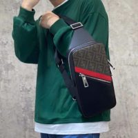 Fendi Men Belt Bag One-Shoulder Backpack Brown Fabric Leather FF