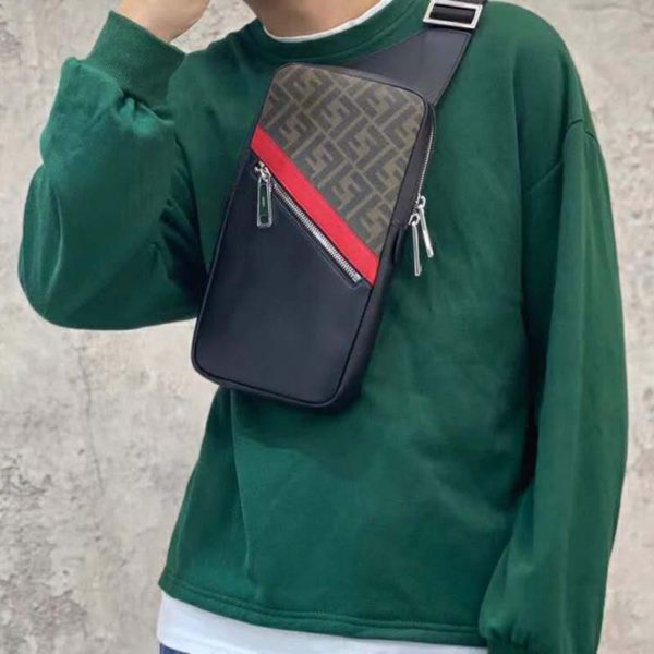 Fendi Men Belt Bag One-Shoulder Backpack Brown Fabric Leather FF (3)