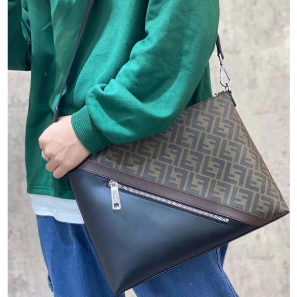 Fendi Men Slim Messenger Textured Brown Fabric Bag FF Motif (4)
