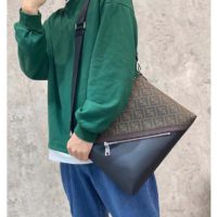 Fendi Men Slim Messenger Textured Brown Fabric Bag FF Motif