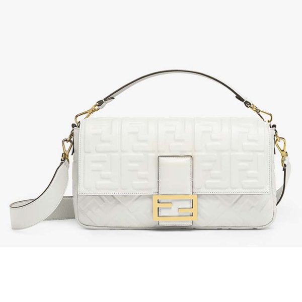 Fendi Women Baguette Large Leather Bag Lambskin All-Over FF-White