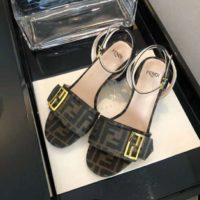 Fendi Women Brown Fabric Sandals FF Baguette Metal Buckle