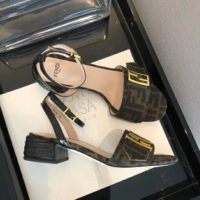 Fendi Women Brown Fabric Sandals FF Baguette Metal Buckle