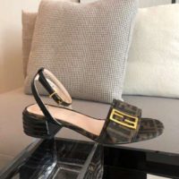 Fendi Women Brown Fabric Sandals FF Baguette Metal Buckle