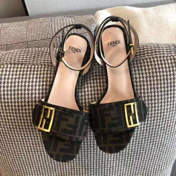 Fendi Women Brown Fabric Sandals FF Baguette Metal Buckle (7)