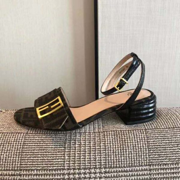 Fendi Women Brown Fabric Sandals FF Baguette Metal Buckle (8)