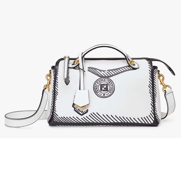 Fendi Women By The Way Medium White Leather Printed Boston Bag