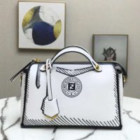 Fendi Women By The Way Medium White Leather Printed Boston Bag