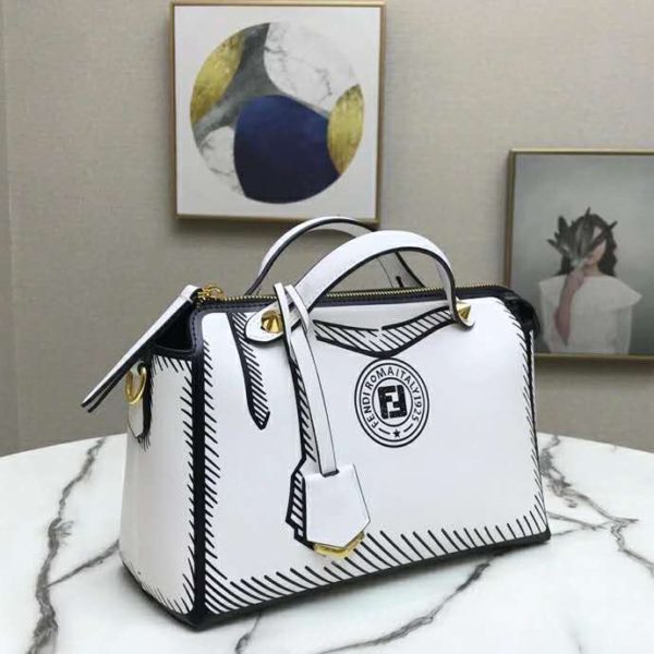 Fendi Women By The Way Medium White Leather Printed Boston Bag (4)