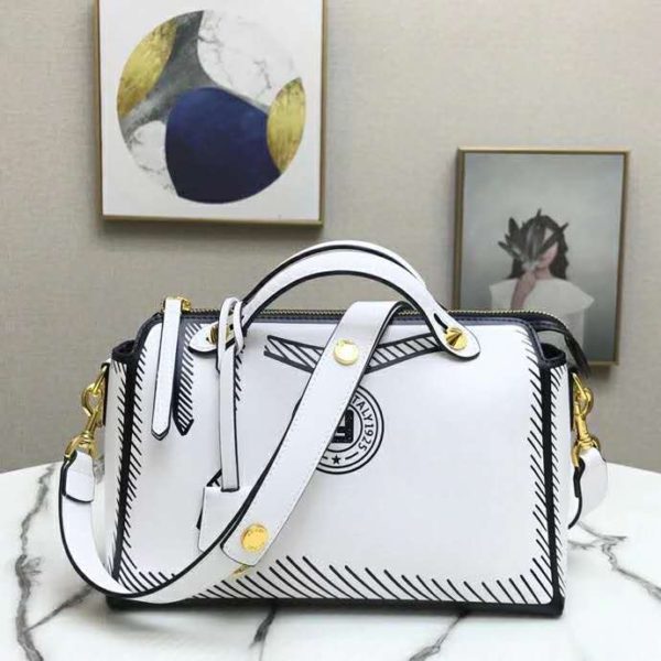 Fendi Women By The Way Medium White Leather Printed Boston Bag (6)