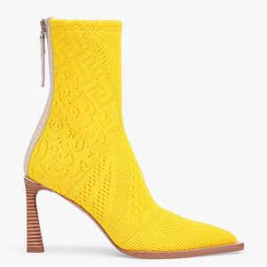 Fendi Women High-Tech Yellow Jacquard Ankle Boots FFrame Pointed-Toe