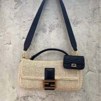 Fendi Women Iconic Baguette Large Size Natural Straw Bag-Beige